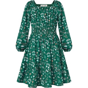 GRACE KARIN Girls Fall Dress Floral Long Sleeve Midi Smocked Waist Holiday(Dark Green Leaf Floral)