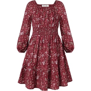 GRACE KARIN Girls Fall Dress Floral Long Sleeve Midi Smocked Waist Holiday(Deep Burgundy)