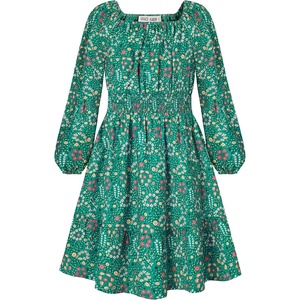 GRACE KARIN Girls Fall Dress Floral Long Sleeve Midi Smocked Waist Holiday(Green Floral)
