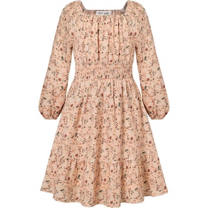 GRACE KARIN Girls Fall Dress Floral Long Sleeve Midi Smocked Waist Holiday(Grey Burnt Orange Floral)