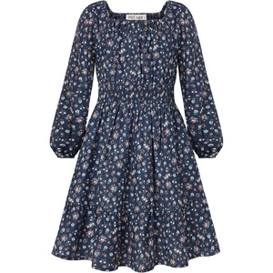 GRACE KARIN Girls Fall Dress Floral Long Sleeve Midi Smocked Waist Holiday(Navy Ditsy Floral)