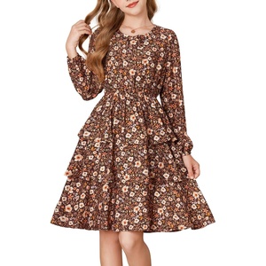 GRACE KARIN Girls Fall Dress Long Sleeve Floral Casual Party Dresses 6-14Y(Brown)