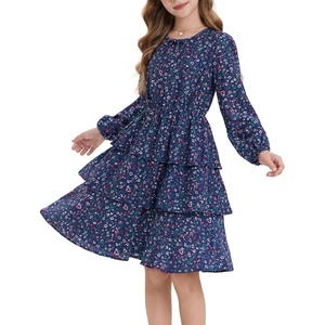 GRACE KARIN Girls Fall Dress Long Sleeve Floral Casual Party Dresses 6-14Y(Navy Blue)