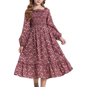GRACE KARIN Girls Fall Dress Long Sleeve Floral Maxi Dresses Casual 6-14Y(Wine Red)