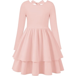 GRACE KARIN Girls Fall Dress Long Sleeve Tie Back Pockets School Party 7-14(Gray Pink)
