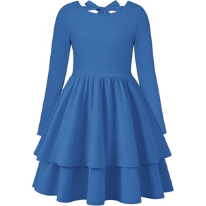 GRACE KARIN Girls Fall Dress Long Sleeve Tie Back Pockets School Party 7-14(Lake Blue)