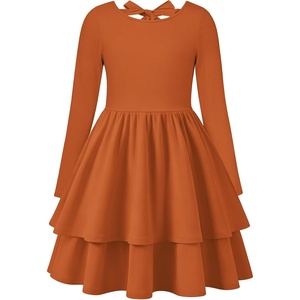 GRACE KARIN Girls Fall Dress Long Sleeve Tie Back Pockets School Party 7-14(Pumpkin Orange)