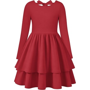 GRACE KARIN Girls Fall Dress Long Sleeve Tie Back Pockets School Party 7-14(Red)