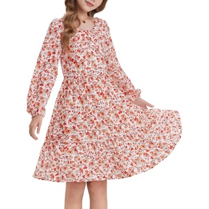 GRACE KARIN Girls Fall Floral Dress Long Sleeve Smocked Dresses 7-14 Years(Orange)
