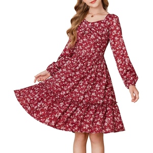 GRACE KARIN Girls Fall Floral Dress Long Sleeve Smocked Dresses 7-14 Years(Red)
