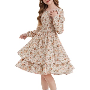 GRACE KARIN Girls Fall Floral Long Sleeve Casual Tiered Flowy Dresses 7-14(Beige Brown Floral)