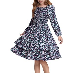 GRACE KARIN Girls Fall Floral Long Sleeve Casual Tiered Flowy Dresses 7-14(Navy Blue Floral)