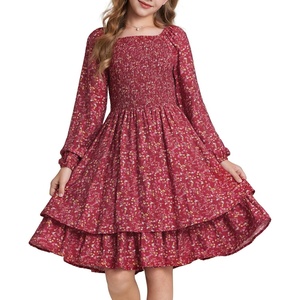 GRACE KARIN Girls Fall Floral Long Sleeve Casual Tiered Flowy Dresses 7-14(Wine Red Floral)