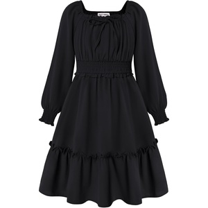 GRACE KARIN Girls Fall Long Sleeve Casual Ruffle Smocked Dresses Size 7-14(Black)