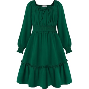 GRACE KARIN Girls Fall Long Sleeve Casual Ruffle Smocked Dresses Size 7-14(Dark Green)