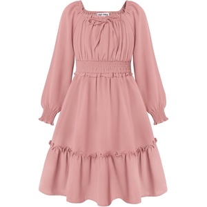 GRACE KARIN Girls Fall Long Sleeve Casual Ruffle Smocked Dresses Size 7-14(Gray Pink)