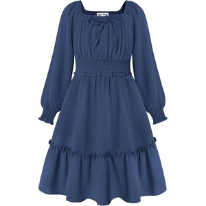 GRACE KARIN Girls Fall Long Sleeve Casual Ruffle Smocked Dresses Size 7-14(Navy Blue)