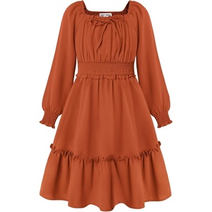 GRACE KARIN Girls Fall Long Sleeve Casual Ruffle Smocked Dresses Size 7-14(Pumpkin Orange)