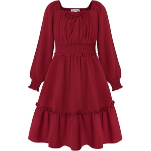 GRACE KARIN Girls Fall Long Sleeve Casual Ruffle Smocked Dresses Size 7-14(Wine Red)