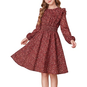 GRACE KARIN Girls Fall Long Sleeve Dress Floral Ruffle Dresses Size 7-14(Burgundy Floral)