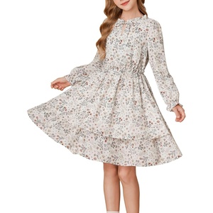 GRACE KARIN Girls Fall Long Sleeve Floral Casual Tie Neck Dresses Size 7-14(Apricot&brown Floral)