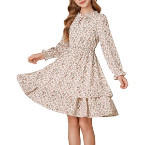 GRACE KARIN Girls Fall Long Sleeve Floral Casual Tie Neck Dresses Size 7-14(Apricot&gray Orange Floral)