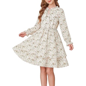 GRACE KARIN Girls Fall Long Sleeve Floral Casual Tie Neck Dresses Size 7-14(Beige&brown Pink Floral)