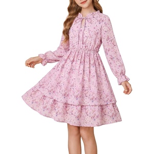 GRACE KARIN Girls Fall Long Sleeve Floral Casual Tie Neck Dresses Size 7-14(Gray Pink Floral)