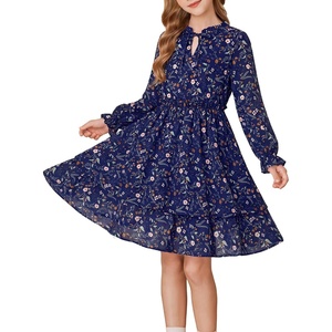 GRACE KARIN Girls Fall Long Sleeve Floral Casual Tie Neck Dresses Size 7-14(Navy Blue)