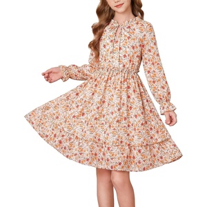 GRACE KARIN Girls Fall Long Sleeve Floral Casual Tie Neck Dresses Size 7-14(Orange Floral)
