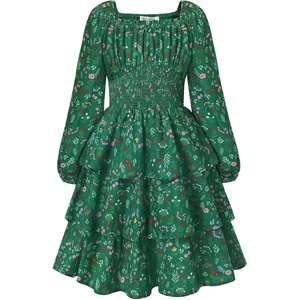 GRACE KARIN Girls Fall Long Sleeve Floral Christmas Cute Shirred Dress 7-16(Green Flower)
