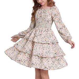 GRACE KARIN Girls Fall Long Sleeve Floral Christmas Cute Shirred Dress 7-16(Khaki Flower)