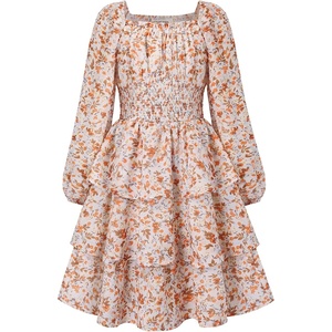 GRACE KARIN Girls Fall Long Sleeve Floral Christmas Cute Shirred Dress 7-16(Orange-brown Flowers)