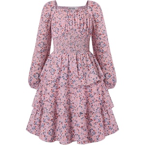 GRACE KARIN Girls Fall Long Sleeve Floral Christmas Cute Shirred Dress 7-16(Pink Blue Flowers)