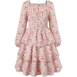GRACE KARIN Girls Fall Long Sleeve Floral Christmas Cute Shirred Dress 7-16(Pink Orange Flowers)