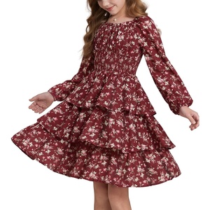 GRACE KARIN Girls Fall Long Sleeve Floral Christmas Cute Shirred Dress 7-16(Wine-red Flowers)