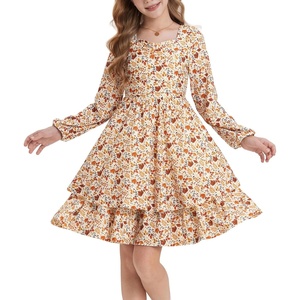 GRACE KARIN Girls Fall Long Sleeve Floral Tiered Casual Flowy Dresses 7-14(Brown Floral)