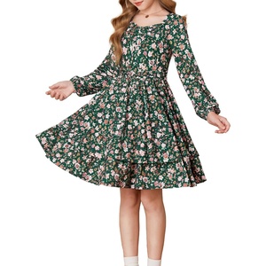 GRACE KARIN Girls Fall Long Sleeve Floral Tiered Casual Flowy Dresses 7-14(Dark Green Floral)