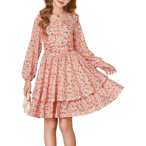 GRACE KARIN Girls Fall Long Sleeve Floral Tiered Casual Flowy Dresses 7-14(Orange Floral)