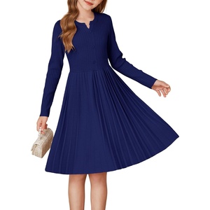 GRACE KARIN Girls Fall Winter Long Sleeve Sweater Casual Button Dress 7-14(Navy Blue)
