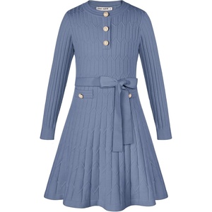 GRACE KARIN Girls Fall Winter Sweater Long Sleeve Cable Knit Dresses 6-14Y(Gray Blue)
