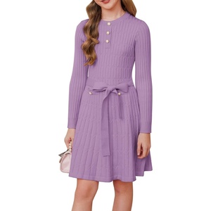 GRACE KARIN Girls Fall Winter Sweater Long Sleeve Cable Knit Dresses 6-14Y(Purple)