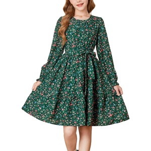 GRACE KARIN Girls Floral Long Sleeve Dress Ruffle Vintage Fall Dress 6-14Y(Dark Green Floral)