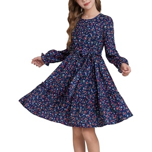 GRACE KARIN Girls Floral Long Sleeve Dress Ruffle Vintage Fall Dress 6-14Y(Navy Floral)