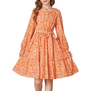 GRACE KARIN Girls Floral Long Sleeve Dress Ruffle Vintage Fall Dress 6-14Y(Orange Floral)