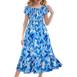 GRACE KARIN Girls Flutter Sleeve Floral Maxi Dress Spring Summer 6-16Y(Blue Leaves)