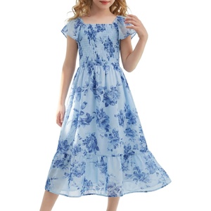 GRACE KARIN Girls Flutter Sleeve Floral Maxi Dress Spring Summer 6-16Y(Dark Blue Floral)