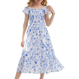 GRACE KARIN Girls Flutter Sleeve Floral Maxi Dress Spring Summer 6-16Y(Dusty Blue Floral)