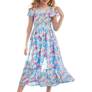 GRACE KARIN Girls Flutter Sleeve Floral Maxi Dress Spring Summer 6-16Y(Flowers on Blue)