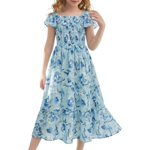 GRACE KARIN Girls Flutter Sleeve Floral Maxi Dress Spring Summer 6-16Y(Green Blue Floral)